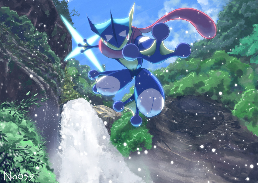 artist_name, cliff, clouds, commentary_request, day, full_body, gen_6_pokemon, greninja