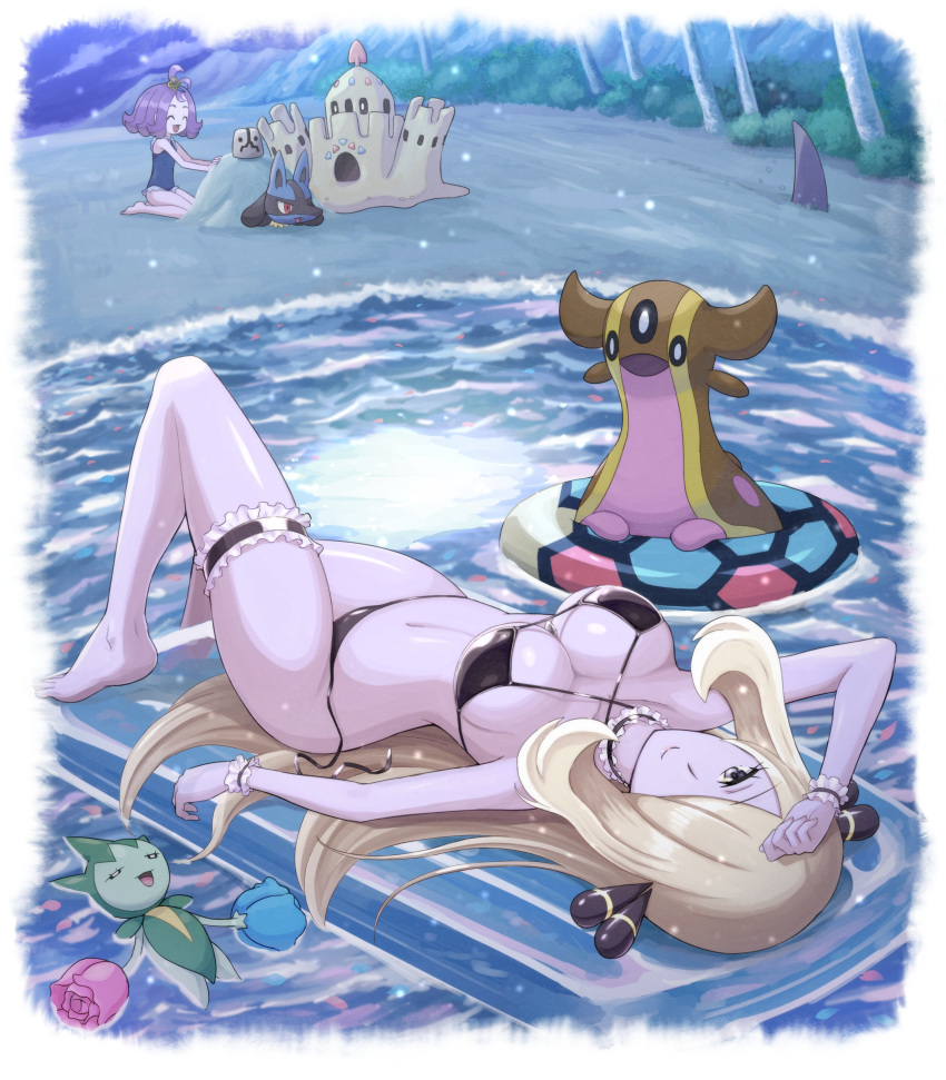 2girls, absurdres, acerola_(pokemon), barefoot, beach, bikini, black_bikini, blonde_hair