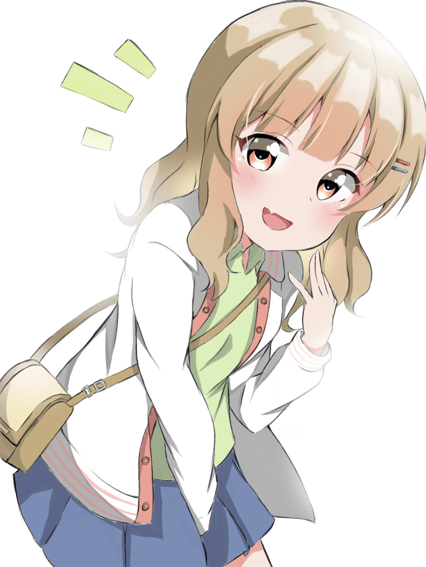 1girl, bag, bangs, blue_skirt, blunt_bangs, blush, brown_hair, collared_jacket, collared_shirt, fang, green_shirt, hand_on_own_cheek, hand_up, harumiya_(meron89893), highres, light_brown_hair, long_hair, long_sleeves, looking_at_viewer, oomuro_sakurako, open_mouth, shirt, shoulder_bag, simple_background, skin_fang, skirt, smile, solo, white_background, yuru_yuri