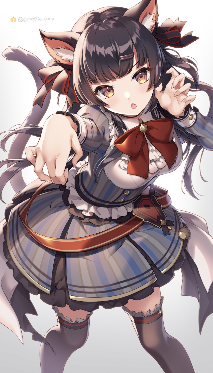 1girl, absurdres, animal_ears, bangs, belt, black_hair, blush, bow