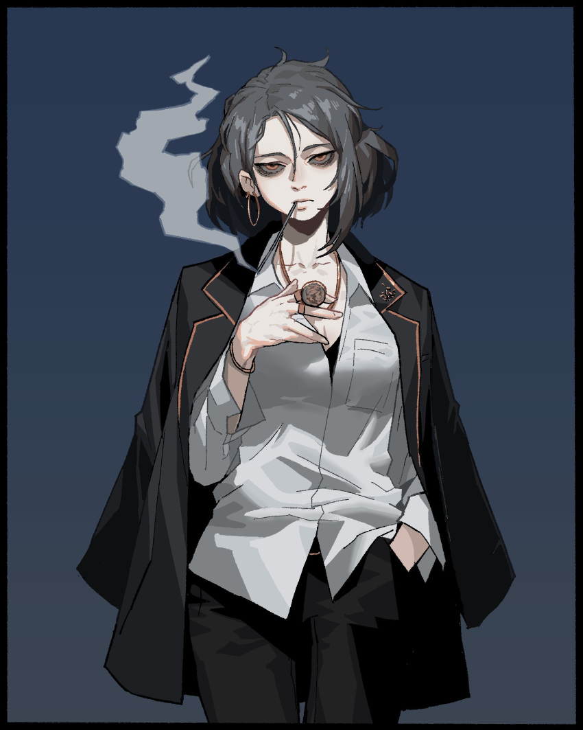 1girl, absurdres, bags_under_eyes, black_border, black_bra, black_jacket, black_pants, blue_background