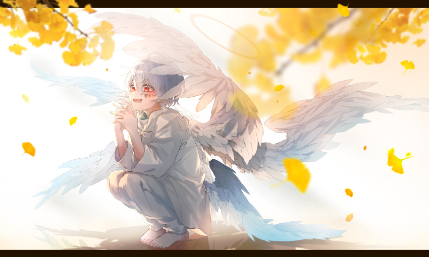 1boy, :d, absurdres, albino, angel, bangs, barcode_tattoo, blue_wings