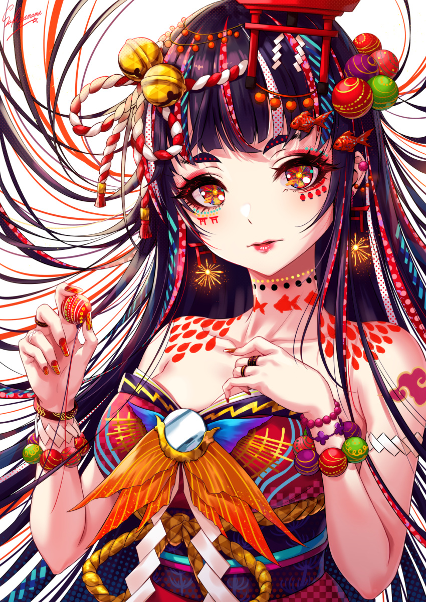 1girl, aerial_fireworks, animal_print, arm_strap, arm_tattoo, bare_shoulders, bead_bracelet, beads