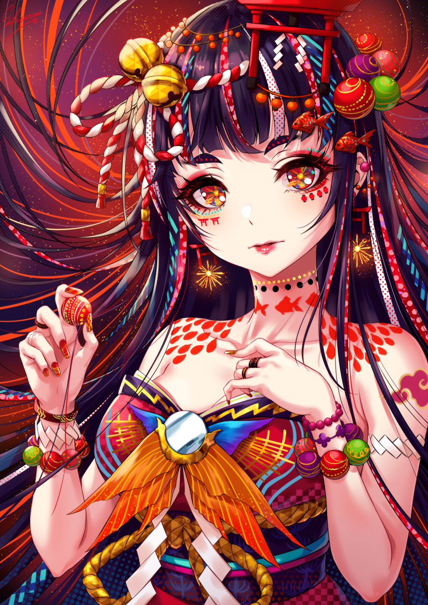 1girl, aerial_fireworks, animal_print, arm_strap, arm_tattoo, bangs, bare_shoulders, bead_bracelet