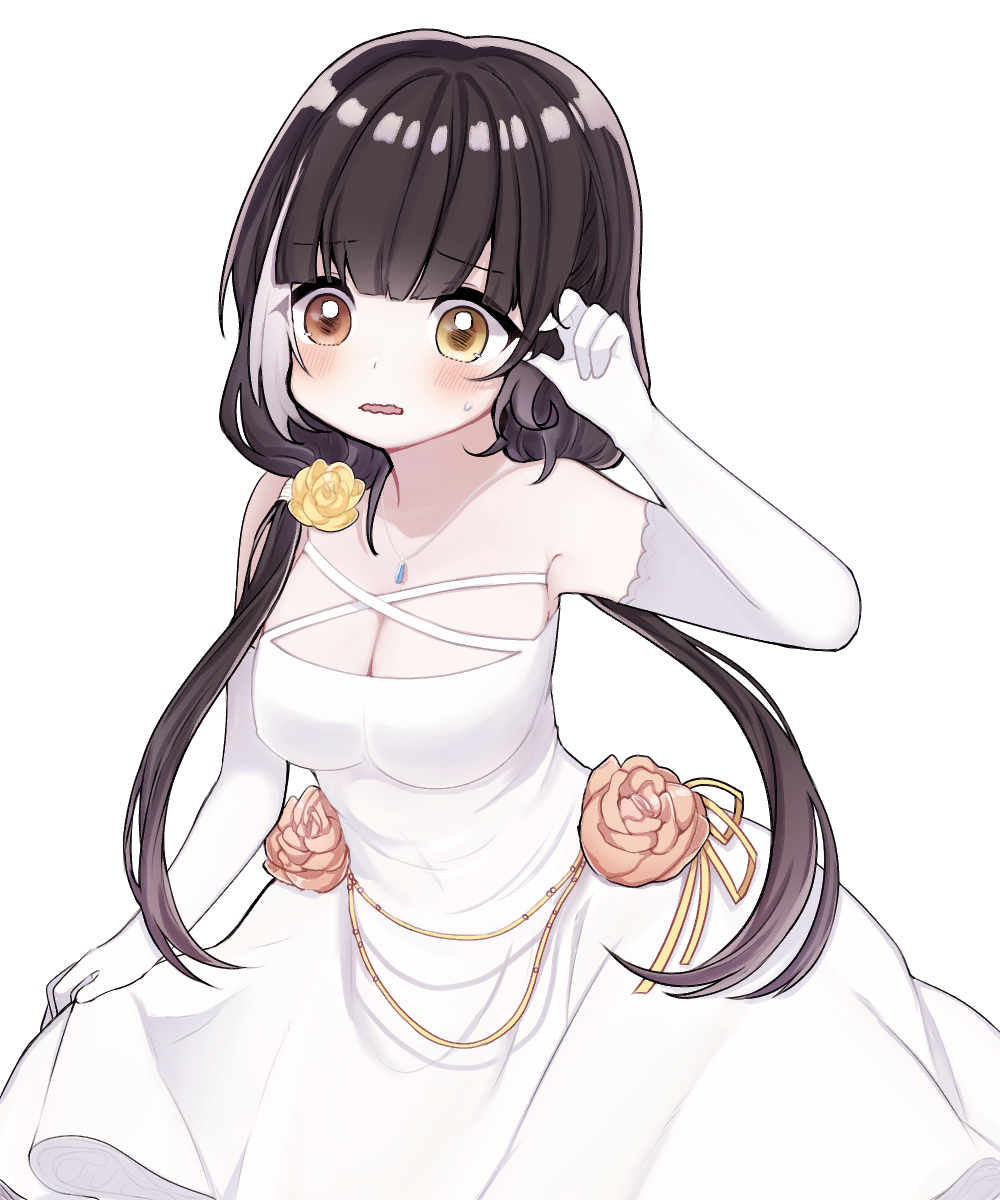 1girl, black_hair, blush, breasts, dress, flower, girls_frontline, heterochromia