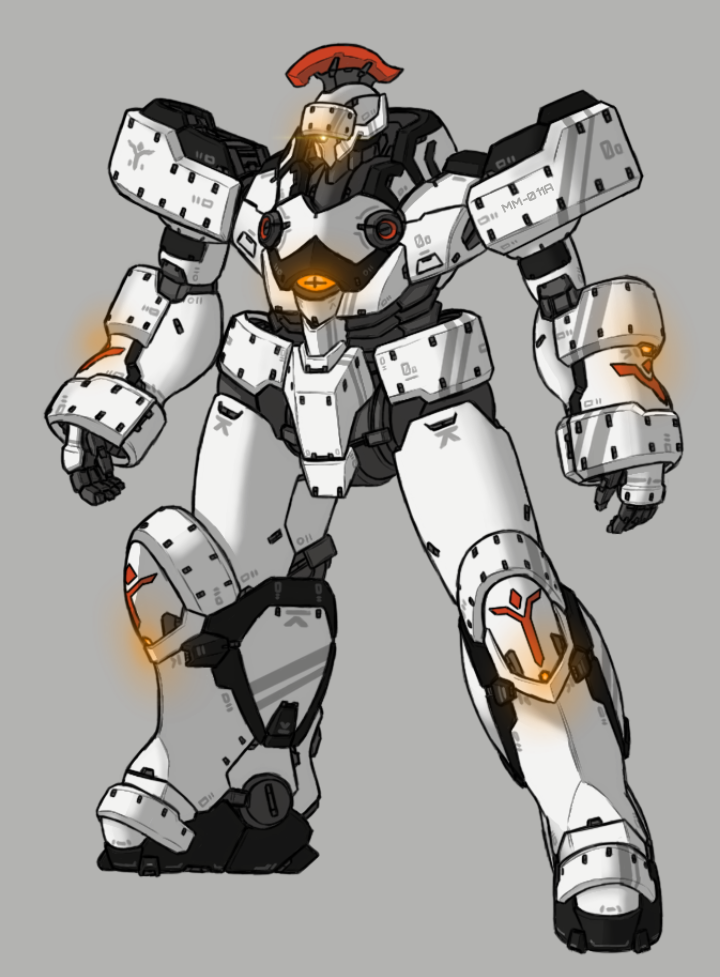 csg, glowing, glowing_eye, grey_background, looking_ahead, mecha, one-eyed, open_hands, orange_eyes, original, science_fiction, solo, standing