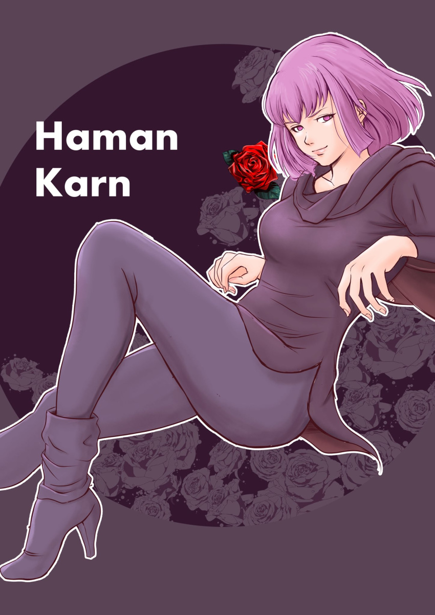 1girl, breasts, character_name, flower, gundam, haman_karn, highres, leaning_back