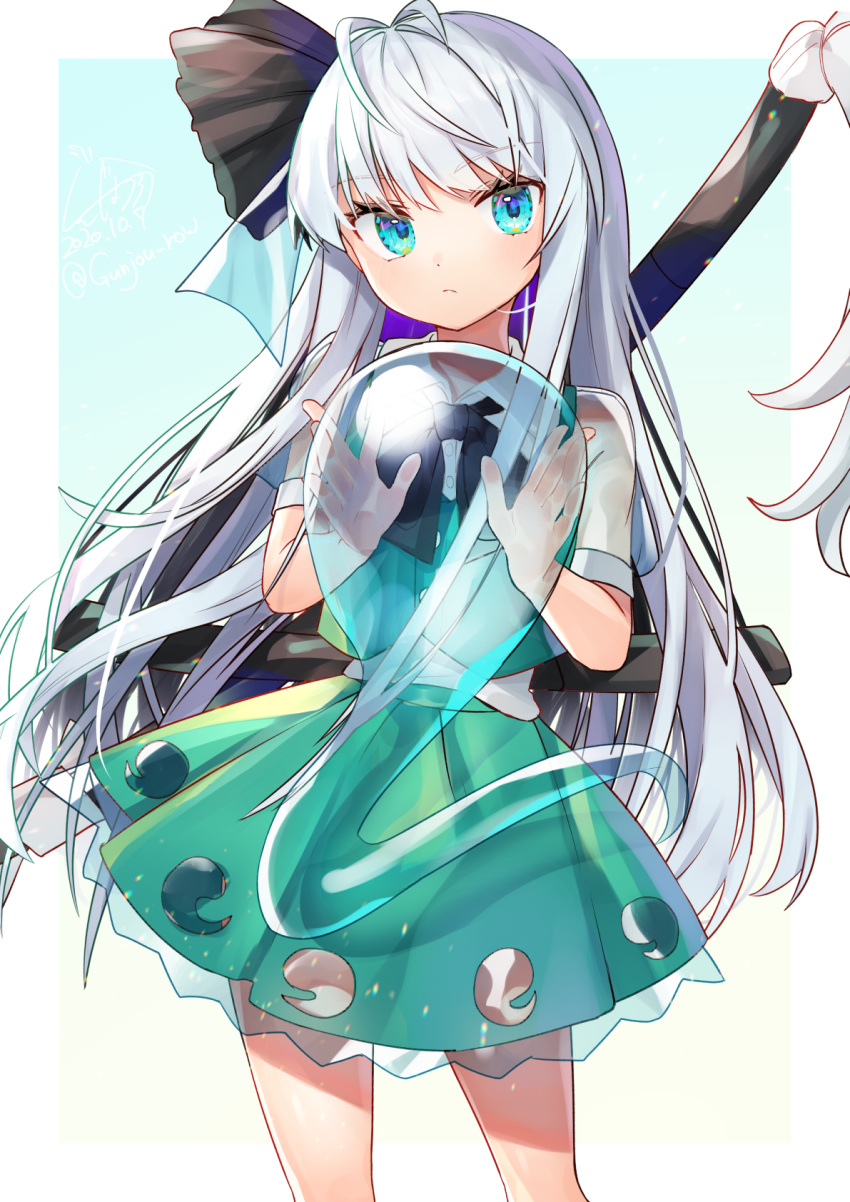 1girl, alternate_hair_length, alternate_hairstyle, antenna_hair, aqua_background, aqua_eyes, aqua_skirt, aqua_vest, bangs, black_bow, black_neckwear, black_ribbon, blush, bow, bowtie, closed_mouth, commentary_request, eyebrows_visible_through_hair, feet_out_of_frame, gradient, gradient_background, gunjou_row, hair_ribbon, highres, hitodama, konpaku_youmu, konpaku_youmu_(ghost), long_hair, looking_at_viewer, no_hairband, ribbon, see-through, shirt, short_sleeves, silver_hair, skirt, solo, standing, straight_hair, touhou, transparent, very_long_hair, white_shirt