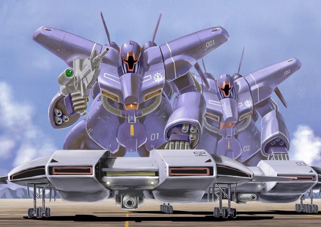 dreissen, gun, gundam, gundam_unicorn, holding, holding_gun, holding_weapon, looking_down, mecha, nagase_mizuchi, no_humans, oldschool, runway, science_fiction, sky, weapon, wheel, zeon