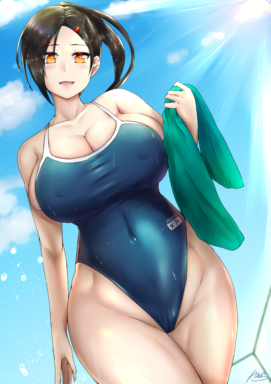 1girl, bangs, black_hair, blue_sky, blue_swimsuit, breasts, collarbone, covered_navel, cowboy_shot, day, hair_ornament, hairclip, highleg, highleg_swimsuit, highres, huge_breasts, ibara_azuki, long_hair, name_tag, orange_eyes, original, outdoors, parted_bangs, ponytail, school_swimsuit, sideboob, sky, solo, standing, swimsuit, wet