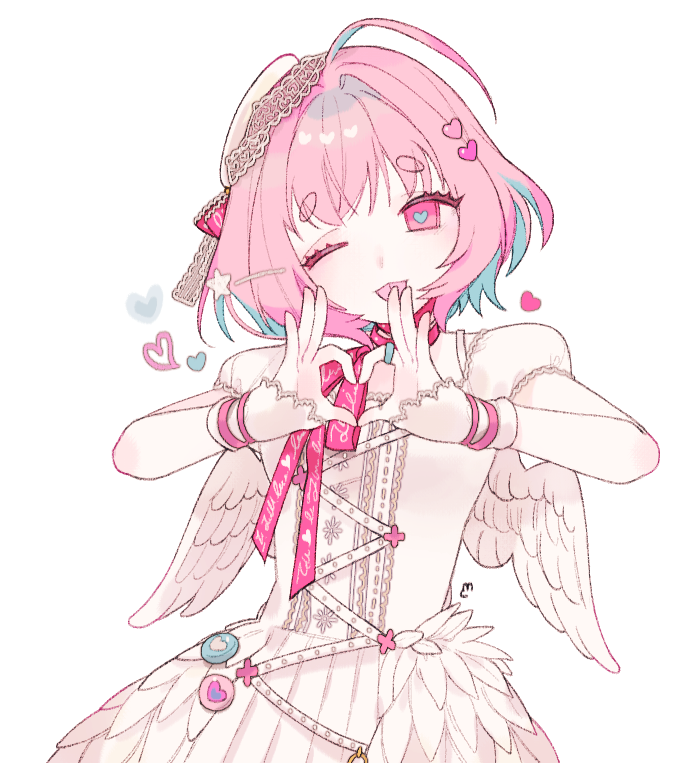 1girl, ahoge, angel_wings, blue_hair, bracelet, cuffs, dress, eyebrows_visible_through_hair