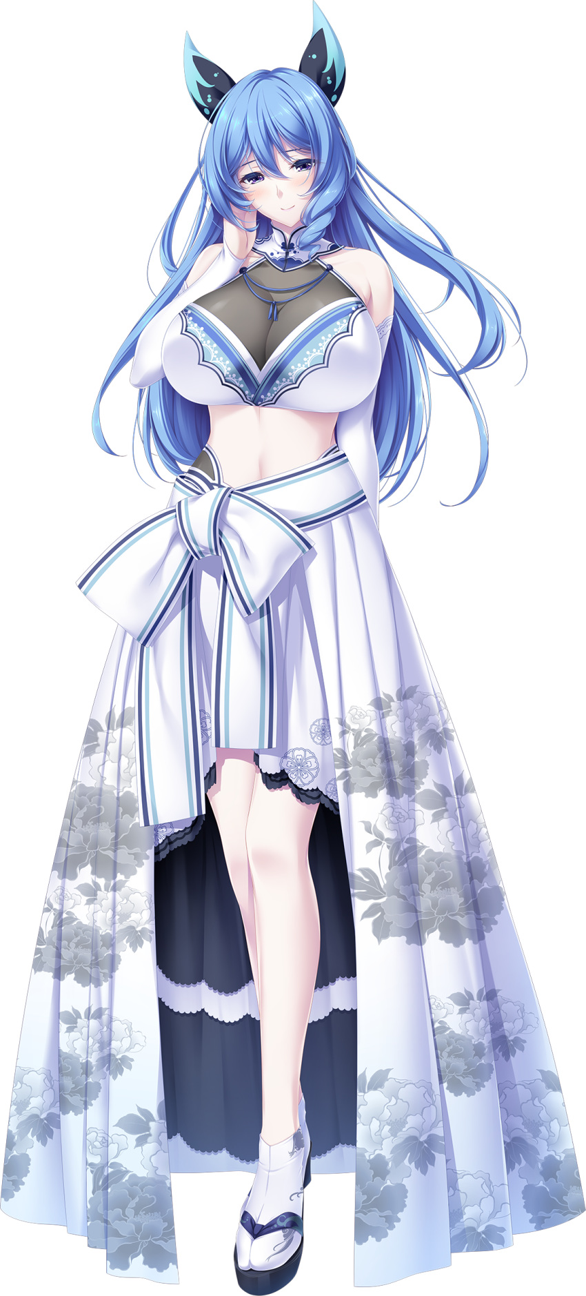 1girl, absurdres, aoe_mai, bangs, bare_shoulders, blue_hair, blush, breasts, choco_chip, closed_mouth, floral_print, flower, full_body, hair_ornament, hand_up, head_tilt, highres, large_breasts, long_hair, looking_at_viewer, mama_x_holic, midriff, pale_skin, sandals, see-through, shiny, shiny_clothes, shiny_hair, skirt, sleeveless, smile, solo, standing, tabi, transparent_background, turtleneck, violet_eyes