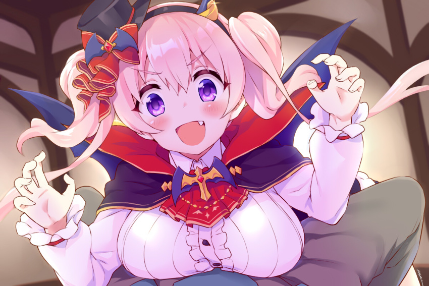 1boy, 1girl, :d, bangs, black_cape, black_hairband, black_headwear, blush