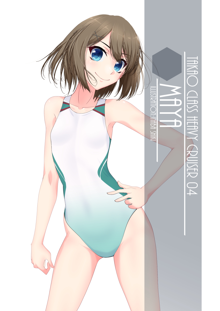 1girl, artist_name, blue_eyes, brown_hair, character_name, competition_swimsuit, cowboy_shot, flat_chest