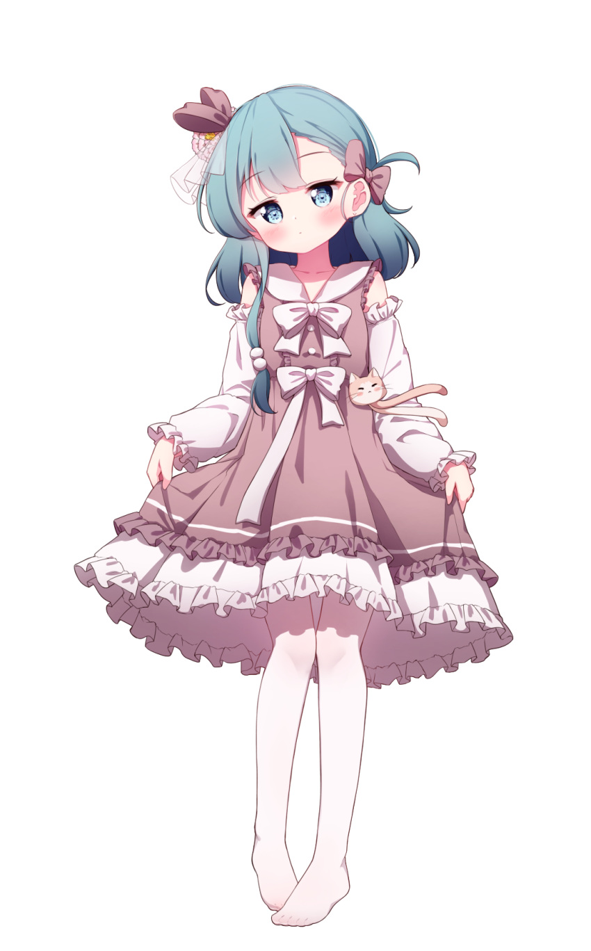 1girl, bangs, blue_eyes, blue_hair, blush, bow, brown_bow, brown_dress, closed_mouth, collarbone, collared_dress, detached_sleeves, dress, eyebrows_visible_through_hair, frilled_dress, frilled_sleeves, frills, full_body, hair_bow, head_tilt, highres, long_hair, long_sleeves, looking_at_viewer, no_shoes, original, pantyhose, revision, see-through, setmen, simple_background, skirt_hold, sleeveless, sleeveless_dress, sleeves_past_wrists, solo, standing, white_background, white_bow, white_legwear, white_sleeves