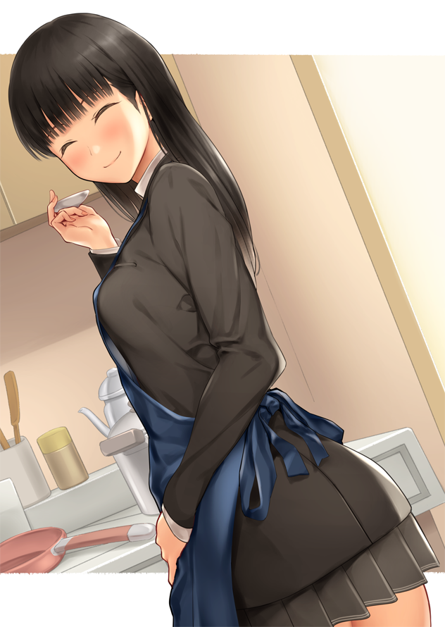 1girl, amagami, apron, ass, ayatsuji_tsukasa, bangs, black_hair, blunt_bangs
