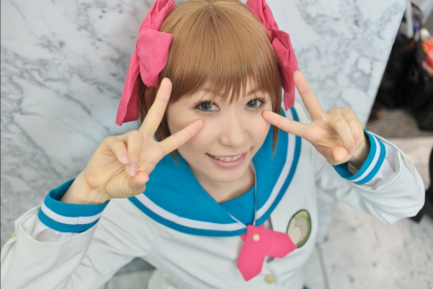 amami_haruka, chippi, cosplay, hairbows, idolmaster, photo, sailor_uniform, school_uniform