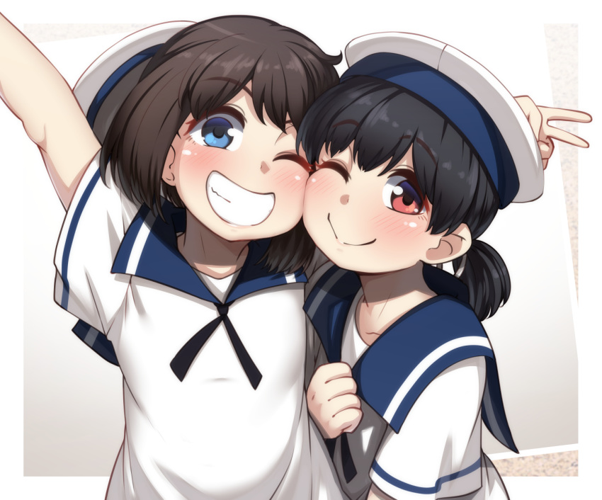 2girls, black_hair, blue_eyes, blush, bob_cut, brown_eyes, closed_mouth, daitou_(kantai_collection)