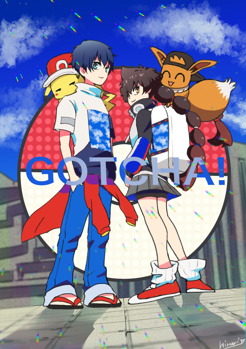 1boy, 1girl, absurdres, backwards_hat, baseball_cap, blue_hair, brown_hair, closed_mouth, eevee, gen_1_pokemon, gotcha!, gotcha!_boy_(pokemon), gotcha!_girl_(pokemon), hand_in_pocket, hat, hatted_pokemon, highres, hinari080812, jacket, long_hair, looking_at_viewer, on_shoulder, pikachu, pleated_skirt, poke_ball, pokemon, pokemon_(creature), pokemon_on_shoulder, short_sleeves, skirt, smile, tied_hair, twintails