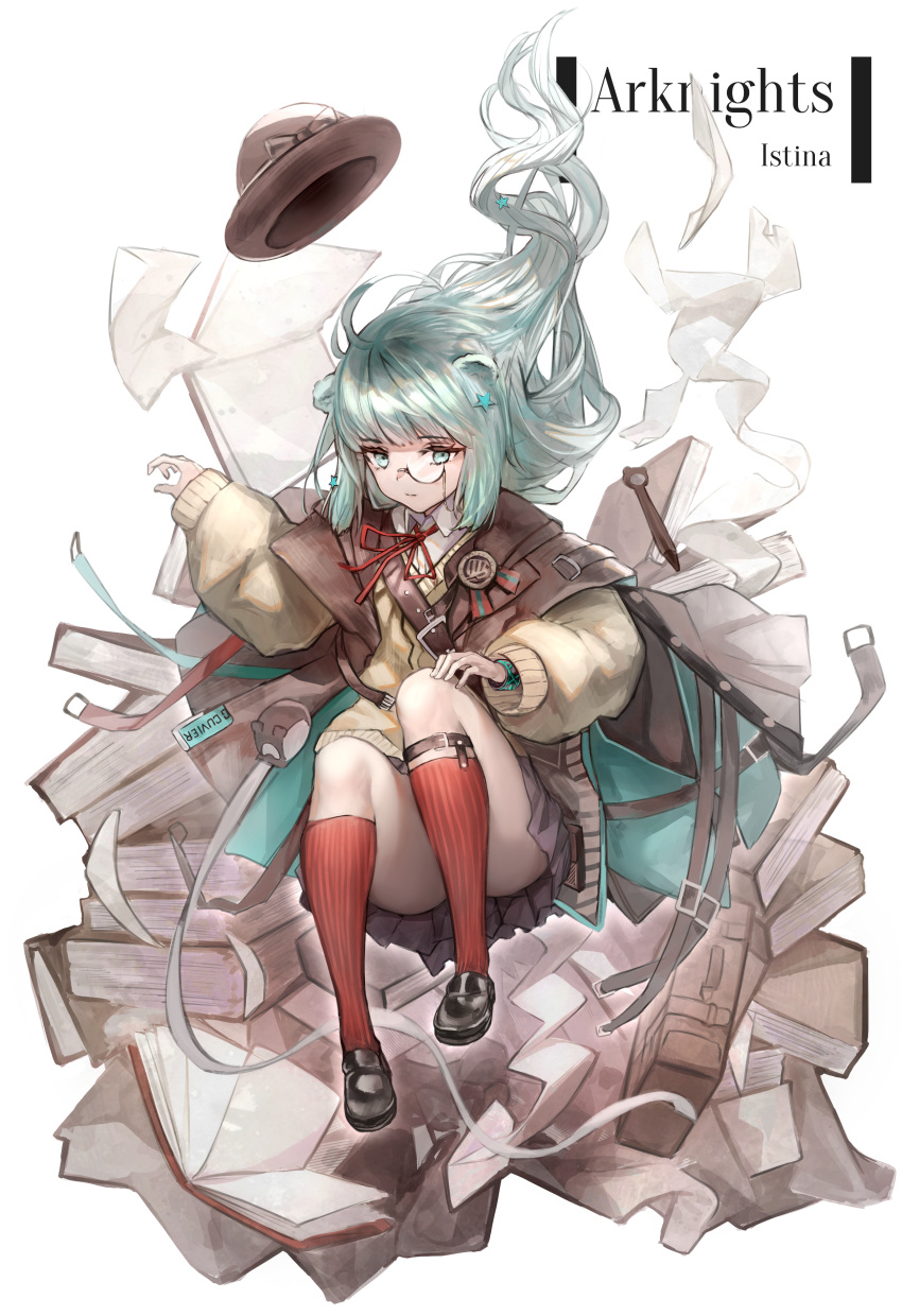 1girl, absurdres, aqua_eyes, aqua_hair, arknights, bangs, belt, book