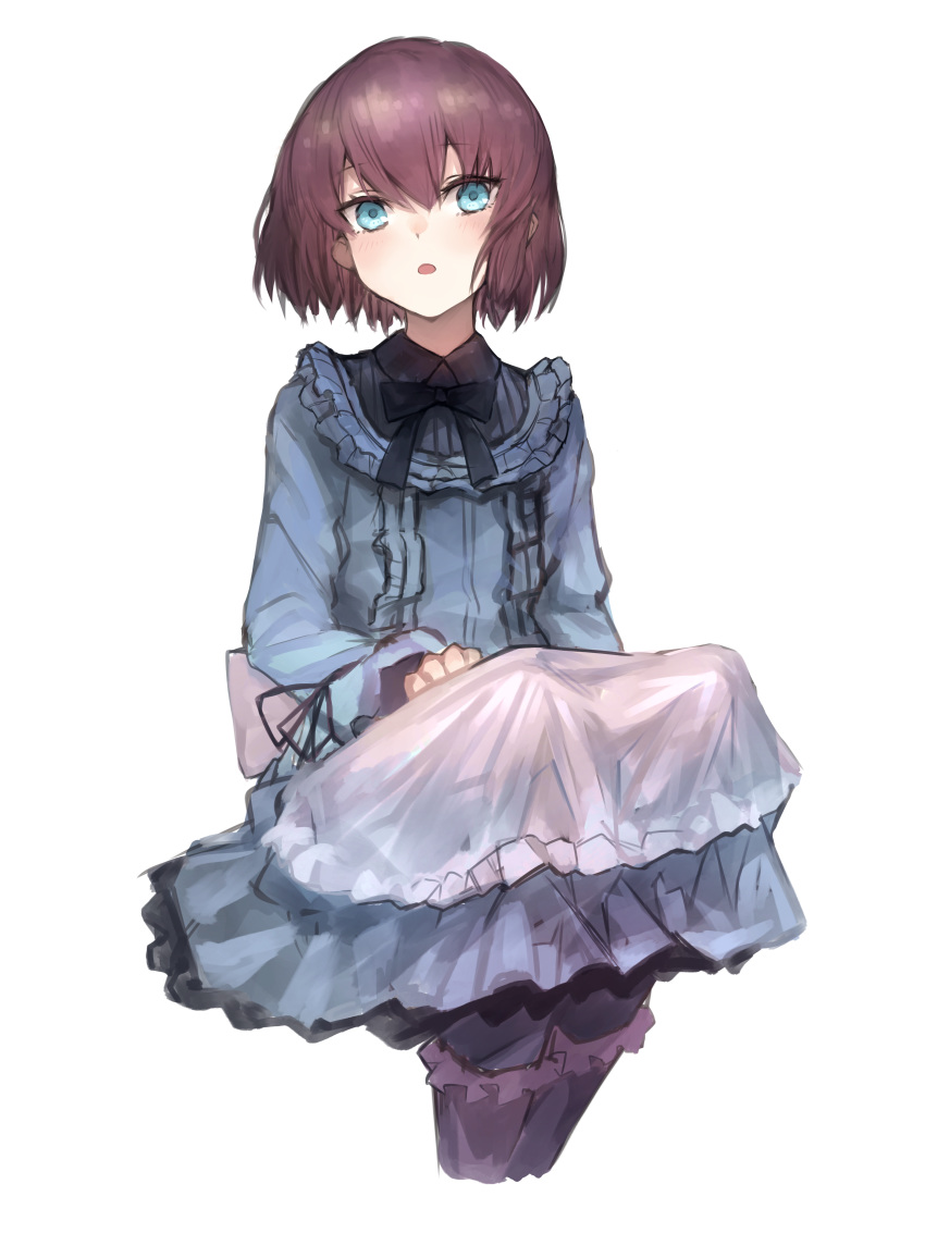 1girl, absurdres, bangs, black_ribbon, blue_eyes, blush, brown_hair, cropped_legs