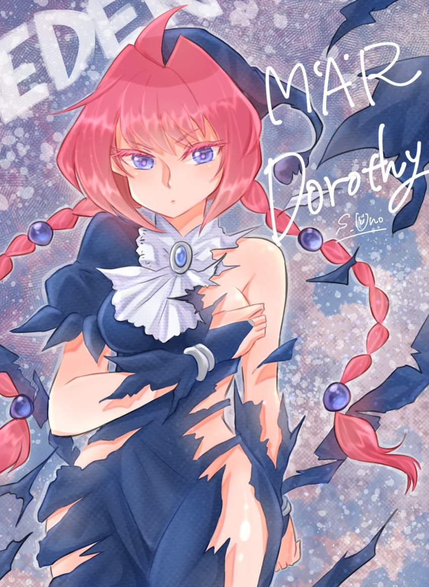 1girl, blue_headwear, braid, breasts, bridal_gauntlets, dimples_of_venus, dorothy_(marchen_awakens_romance), gnashino