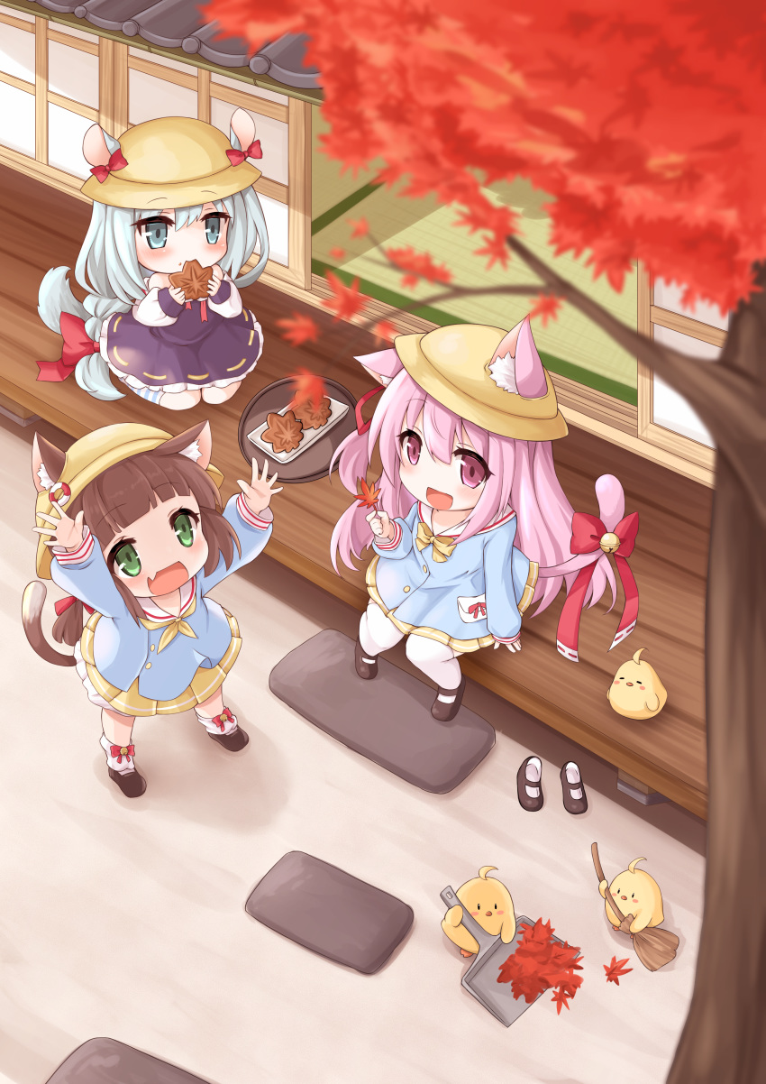3girls, :d, absurdres, animal_ear_fluff, animal_ears, architecture, arms_up, autumn, autumn_leaves, azur_lane, bangs, bell, bird, black_footwear, blue_eyes, blue_hair, blue_shirt, blunt_bangs, blurry_foreground, blush, bow, broom, brown_hair, cat_ears, cat_tail, chick, commentary_request, dress, dustpan, ears_through_headwear, east_asian_architecture, eating, eyebrows_visible_through_hair, falling_leaves, fang, food, footwear_removed, full_body, green_eyes, hair_between_eyes, hat, highres, holding, holding_food, holding_leaf, huge_filesize, jingle_bell, kindergarten_uniform, kinomiki_(tales22), kisaragi_(azur_lane), leaf, lifebuoy_ornament, long_hair, long_sleeves, looking_up, loose_socks, low-tied_long_hair, manjuu_(azur_lane), mikazuki_(azur_lane), multiple_girls, mutsuki_(azur_lane), neckerchief, off-shoulder_dress, off_shoulder, open_mouth, pink_eyes, pink_hair, purple_dress, ribbon, school_hat, shadow, shirt, shoes, short_hair, sidelocks, sitting, skin_fang, skirt, sliding_doors, smile, squirrel_ears, squirrel_tail, standing, striped, striped_legwear, tail, tail_bell, tail_ornament, tail_ribbon, taiyaki, tatami, thigh-highs, tree, twintails, veranda, very_long_hair, wagashi, wariza, white_legwear, wooden_floor, yellow_headwear, yellow_neckwear, yellow_skirt
