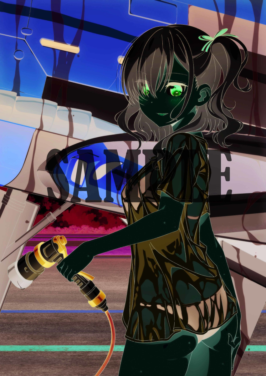 1girl, absurdres, ass, bikini, bikini_under_clothes, black_bikini, gloster_gladiator, hair_ribbon, highres, hose, komagome_azuzu, looking_at_viewer, medium_hair, official_art, one_side_up, ribbon, sample, see-through, senyoku_no_sigrdrifa, shirt, short_sleeves, side_ponytail, silver_hair, solo, swimsuit, t-shirt, violet_eyes, washing, watermark, wet, wet_clothes, wet_shirt, white_shirt