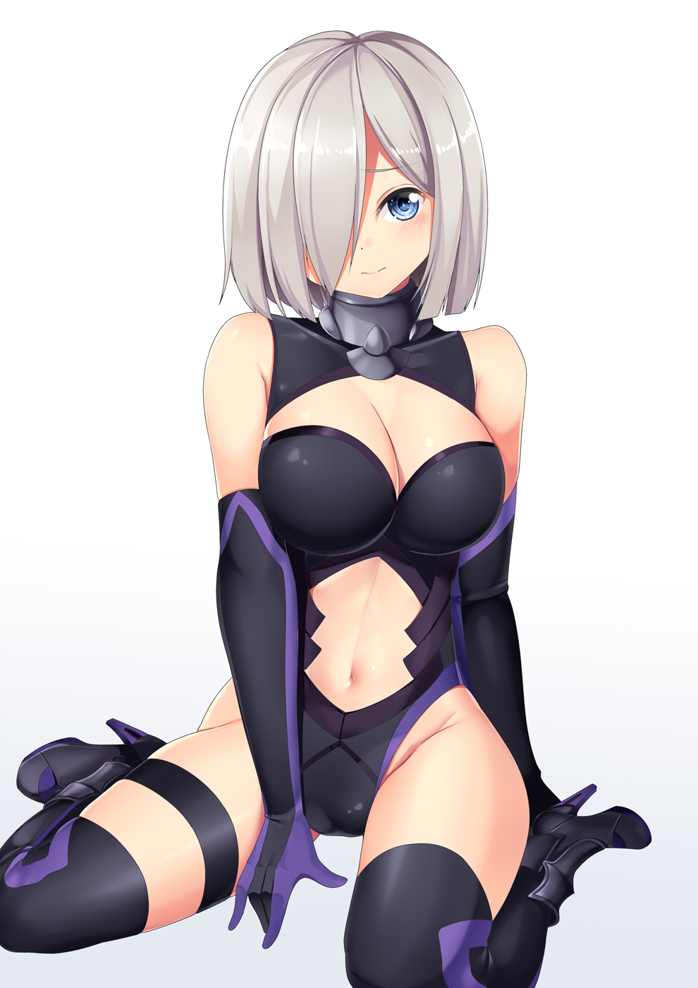 1girl, alternate_costume, black_gloves, black_legwear, black_leotard, blue_eyes, breasts, clothing_cutout
