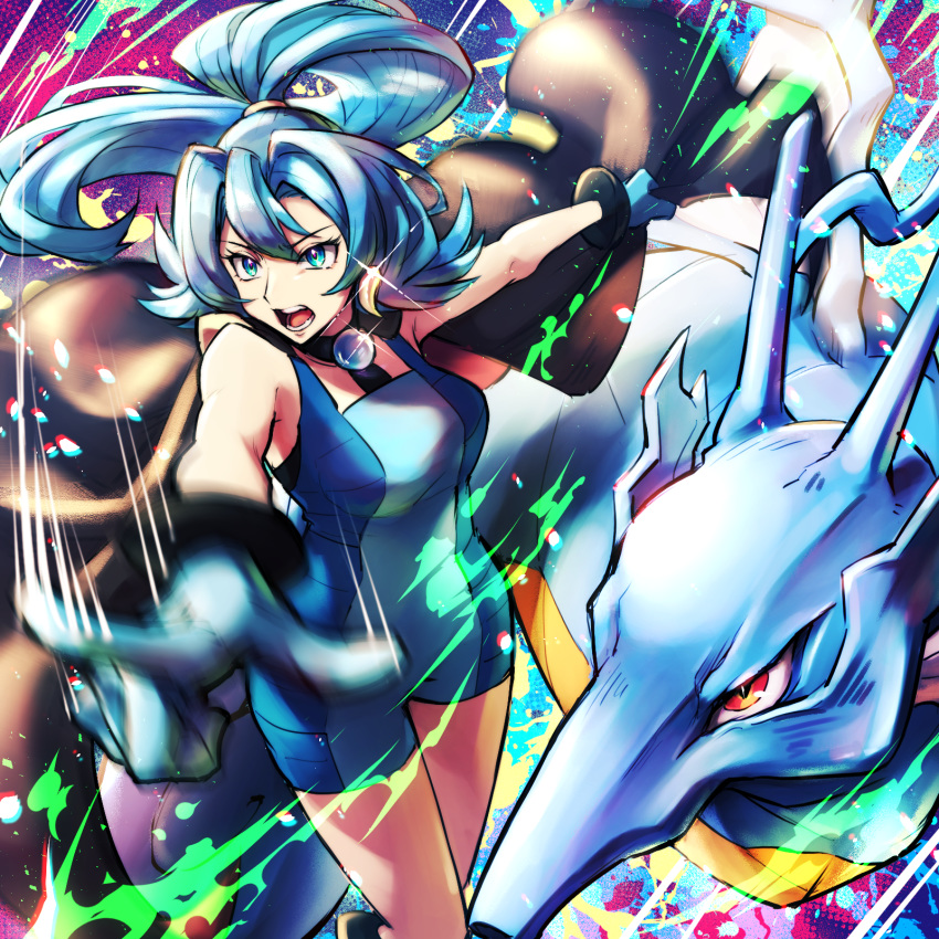 1girl, akihorisu, bangs, bare_arms, blue_bodysuit, blue_eyes, blue_gloves, blue_hair