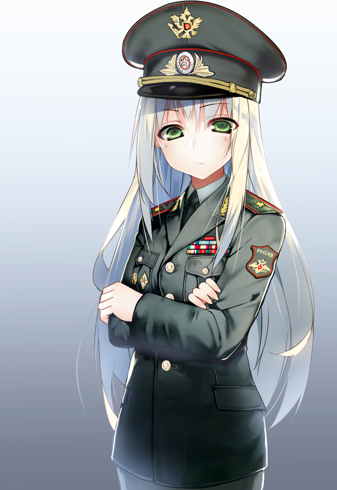 1girl, badge, crossed_arms, gradient, gradient_background, green_eyes, grey_hair, hat, long_hair, looking_at_viewer, medal, military, military_hat, military_uniform, necktie, original, police, samazuka_mashiro, two-headed_eagle, uniform, very_long_hair