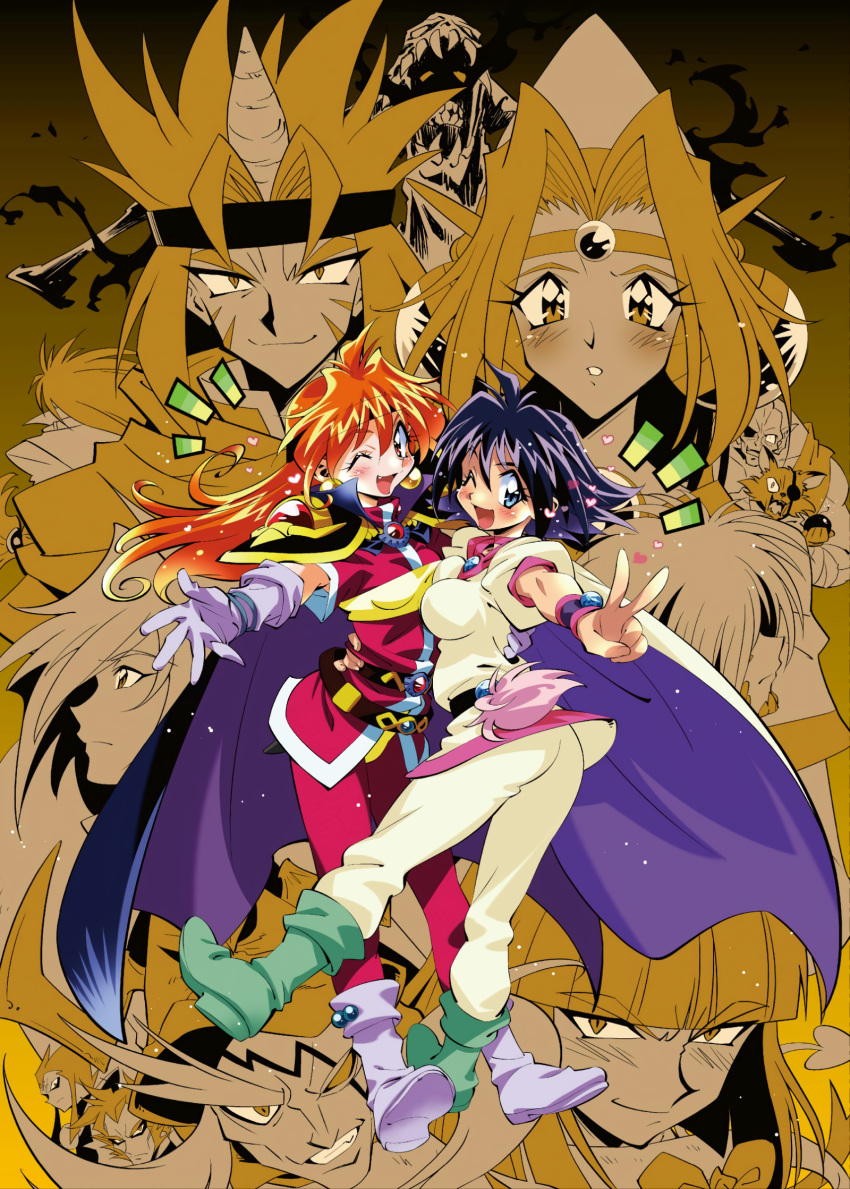 /\/\/\, 3girls, 6+boys, amelia_wil_tesla_seyruun, araizumi_rui, armace, armor, bangs, belt, black_hair, blue_eyes, blunt_bangs, blush, boots, cape, circlet, dark_star_dugradigdu, earrings, eyebrows_visible_through_hair, facial_mark, fang, filia_ul_copt, gourry_gabriev, gravos_maunttop, green_footwear, grin, hat, headband, heart, highres, horns, jewelry, jillas_jillos_jillas, lina_inverse, long_eyebrows, looking_at_viewer, martina_zoana_mel_navratilova, multiple_boys, multiple_girls, official_art, one_eye_closed, open_hood, open_mouth, outstretched_arms, parted_lips, pauldrons, profile, red_eyes, redhead, short_sleeves, shoulder_armor, single_horn, slayers, slayers_try, slit_pupils, smile, sylphiel_nels_lahda, v, valgarv_(slayers), white_footwear, wristband, xelloss, zelgadiss_graywords