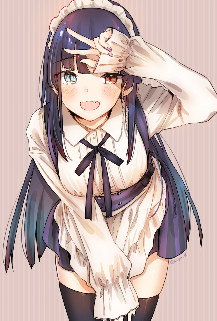 1girl, :d, apron, bangs, black_hair, black_legwear, blue_eyes, blunt_bangs, blush, collared_shirt, commentary_request, cowboy_shot, dress, dress_shirt, earrings, eyebrows_visible_through_hair, eyelashes, fang, fingernails, flower_earrings, frilled_apron, frilled_headband, frills, hand_on_own_knee, heterochromia, highres, hime_cut, jewelry, leaning_forward, long_fingernails, long_hair, long_sleeves, looking_at_viewer, maid, maid_apron, maid_headdress, nail_polish, neck_ribbon, open_mouth, original, pinafore_dress, purple_dress, purple_nails, purple_neckwear, purple_ribbon, red_eyes, ribbon, shiny, shiny_hair, shirt, simple_background, skindentation, sleeves_past_wrists, smile, solo, standing, straight_hair, striped, striped_background, thigh-highs, tsurime, twitter_username, underbust, v, vertical-striped_dress, vertical_stripes, waist_apron, white_apron, white_shirt, wing_collar, yu_yu, zettai_ryouiki