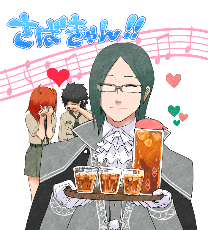 1girl, 2boys, bangs, cape, closed_eyes, cravat, crying, cup