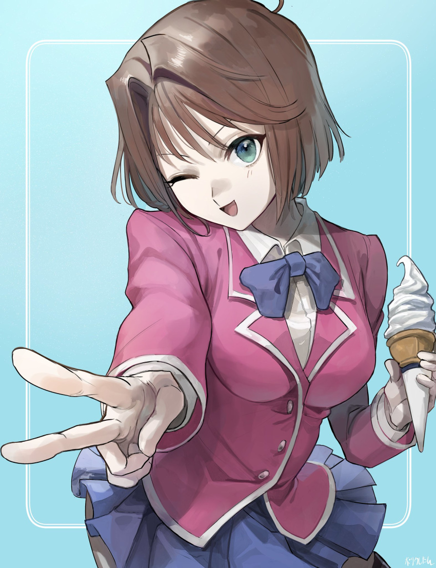 1girl, ;d, aqua_eyes, blue_background, blue_bow, blue_skirt, bow, breasts, brown_hair, buttons, domino_high_school_uniform, food, gradient, gradient_background, hair_intakes, highres, holding, ice_cream, ice_cream_cone, jacket, kuroge_(kewagyuu), long_sleeves, mazaki_anzu, medium_breasts, miniskirt, one_eye_closed, open_mouth, pink_jacket, pleated_skirt, school_uniform, shirt, skirt, smile, solo, v, white_shirt, yu-gi-oh!, yu-gi-oh!_duel_monsters