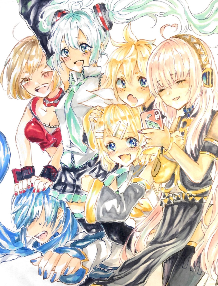 2boys, 4girls, animal_print, aqua_eyes, aqua_hair, aqua_neckwear, arm_up, arm_warmers