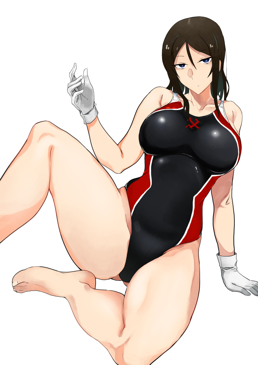1girl, absurdres, arm_support, bangs, barefoot, black_hair, black_swimsuit, blue_eyes, breasts, commentary, emblem, girls_und_panzer, gloves, half-closed_eyes, highres, large_breasts, leaning_to_the_side, long_hair, looking_at_viewer, nokogiriotoko, nonna_(girls_und_panzer), pravda_(emblem), simple_background, sitting, skindentation, solo, swept_bangs, swimsuit, white_background, white_gloves