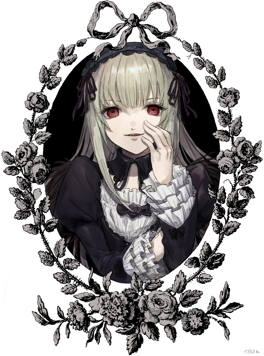 1girl, bangs, black_bow, black_hairband, black_ribbon, black_wings, bow, detached_collar