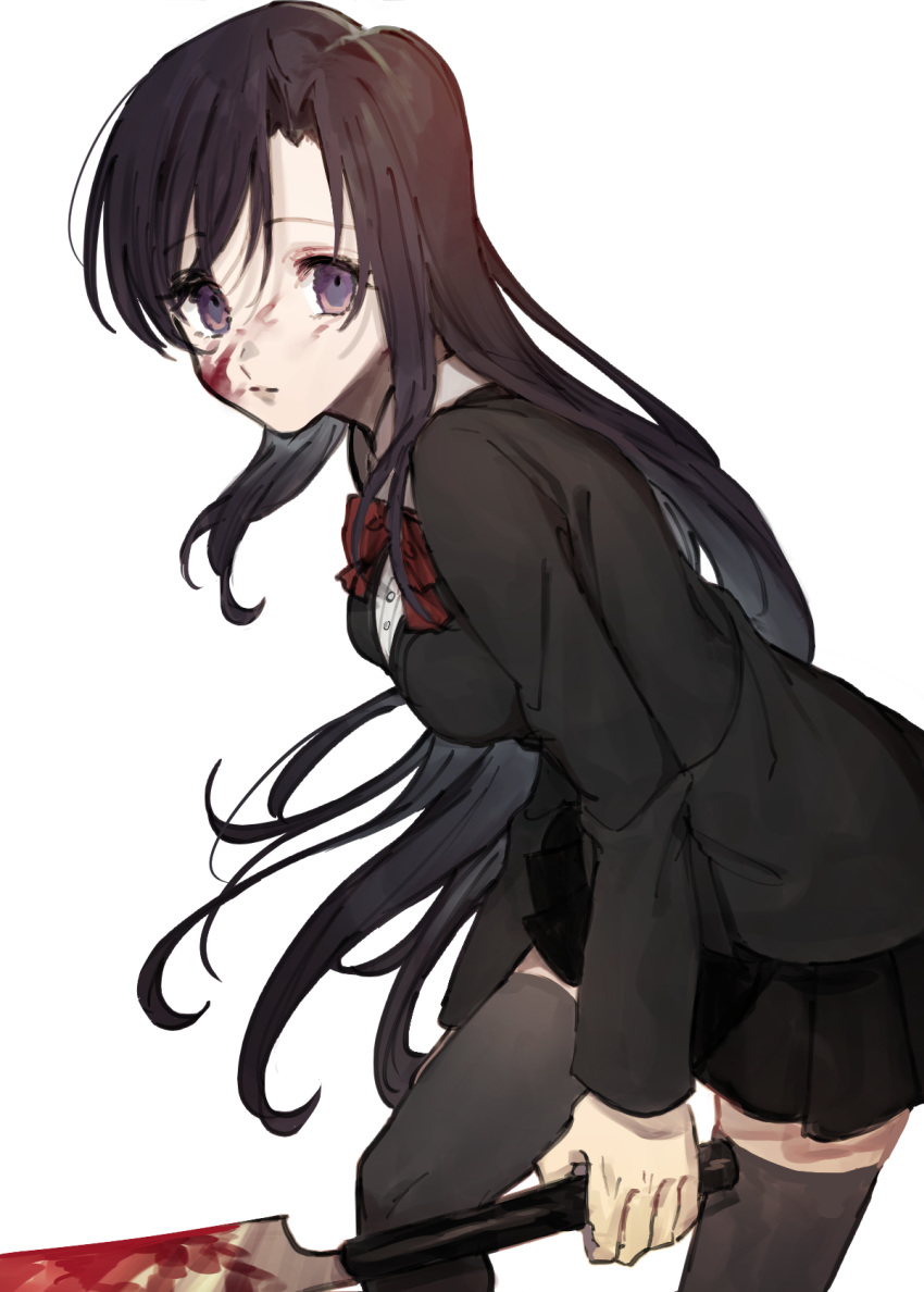 1girl, black_jacket, black_skirt, blood, blood_on_face, bow, closed_mouth, eyebrows_visible_through_hair, grey_legwear, hatchet, highres, jacket, katsura_kotonoha, kuroge_(kewagyuu), long_sleeves, miniskirt, pleated_skirt, purple_hair, red_bow, school_days, school_uniform, simple_background, skirt, solo, thigh-highs, violet_eyes, white_background, zettai_ryouiki