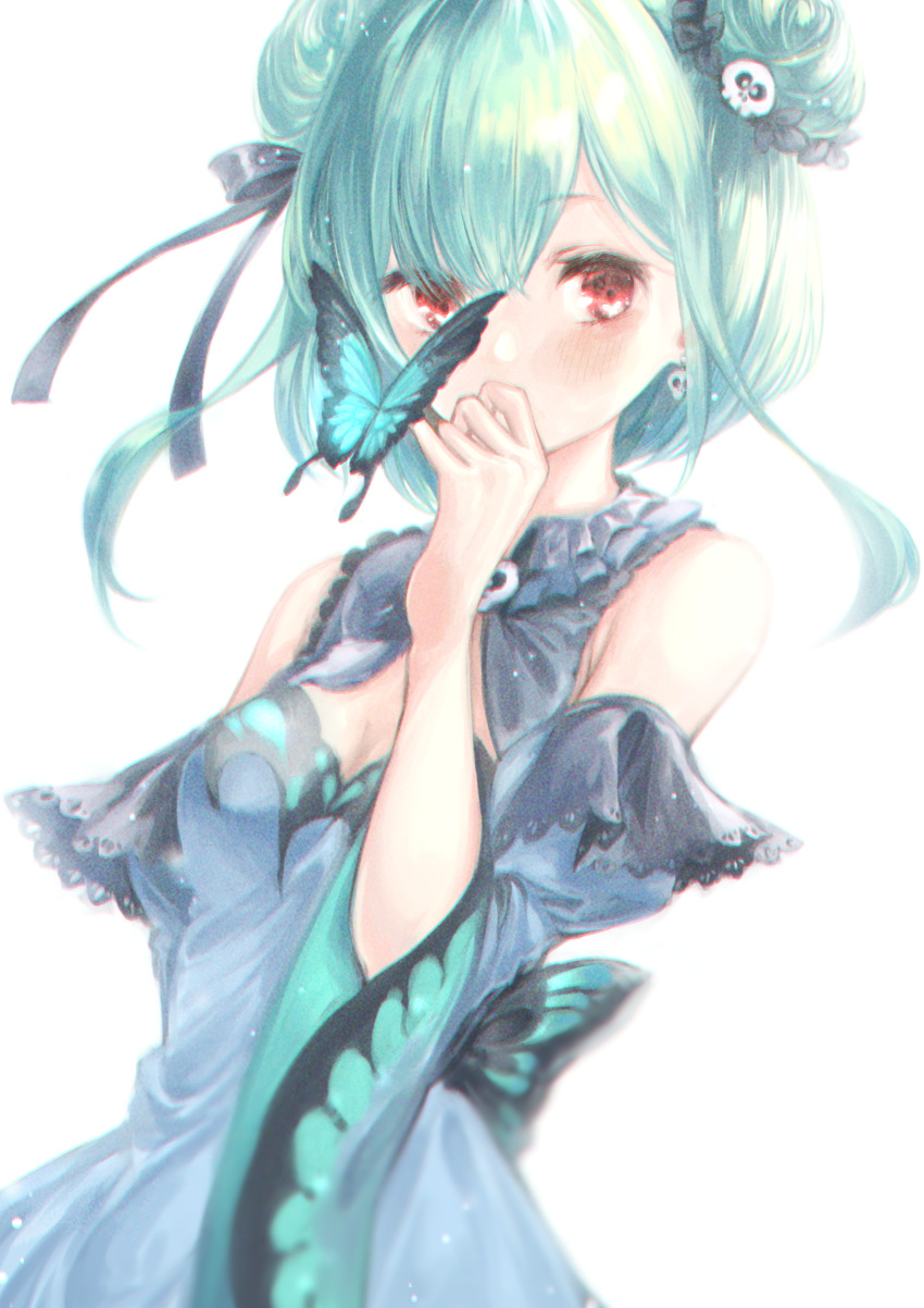 1girl, absurdres, animal, animal_print, bangs, bare_shoulders, black_ribbon, blue_dress