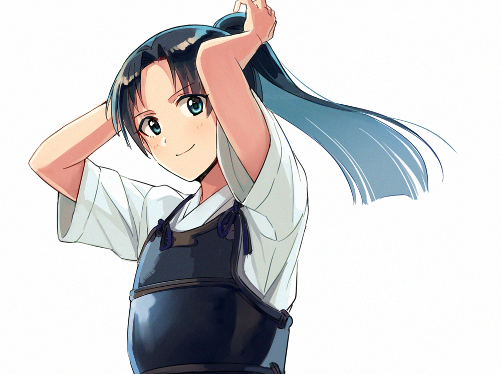 1girl, adjusting_hair, arms_behind_head, arms_up, black_hair, blue_eyes, blush, bougu