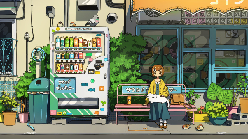 1girl, aqua_dress, bench, brown_footwear, brown_hair, can, cat, cinder_block