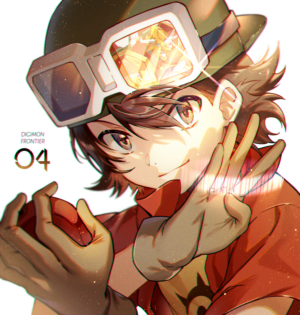 1boy, backwards_hat, bangs, barcode, brown_eyes, brown_hair, copyright_name, digimon