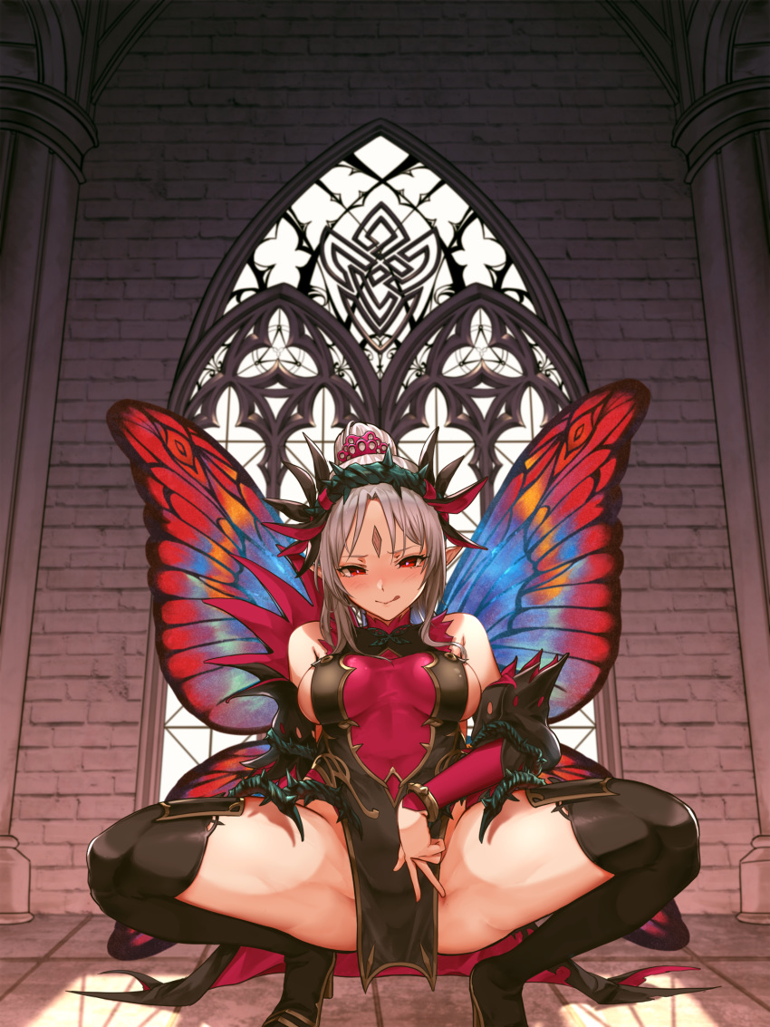 1girl, :q, absurdres, alba, boots, fairy_wings, fire_emblem, fire_emblem_heroes, grey_hair, heart, heart-shaped_pupils, highres, long_hair, plumeria_(fire_emblem), pointy_ears, ponytail, red_eyes, solo, spread_legs, squatting, symbol-shaped_pupils, thigh-highs, thigh_boots, tongue, tongue_out, wings