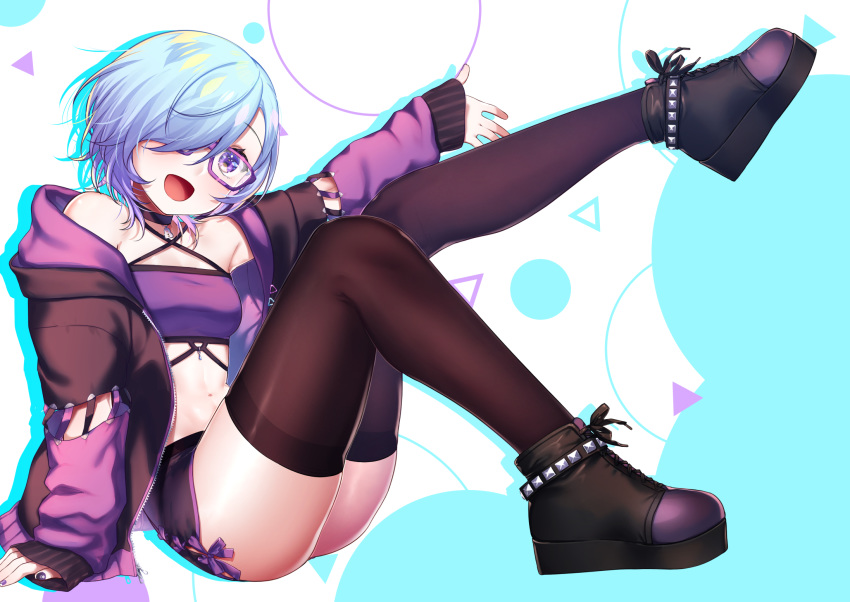 1girl, :d, anklet, bandeau, bare_shoulders, black_footwear, black_jacket, black_legwear