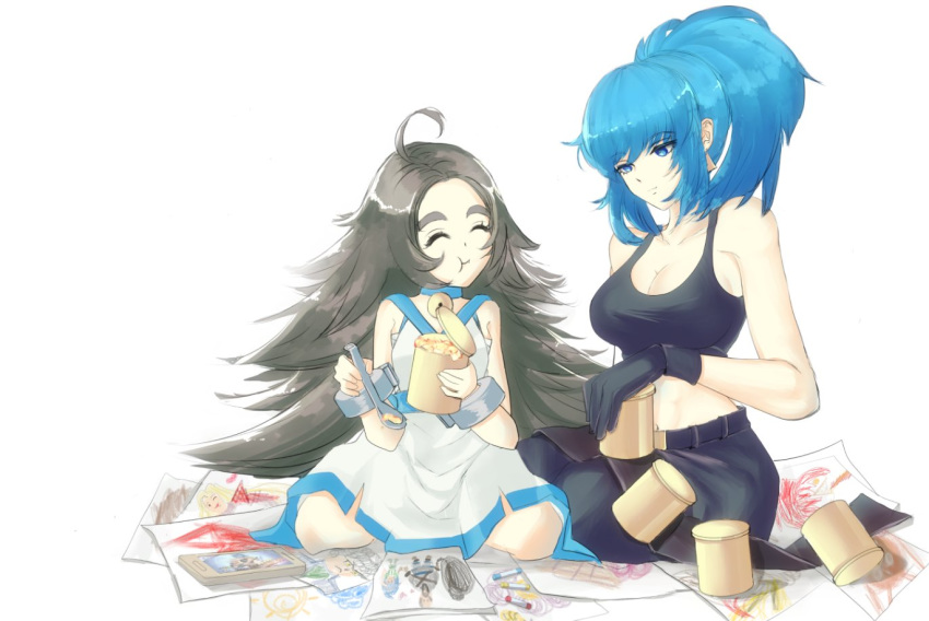 2girls, bangs, black_gloves, black_pants, blue_eyes, blue_hair, breasts, brown_hair, can, canned_food, chang_koehan, closed_eyes, crayon, dress, earrings, food, food_in_mouth, gloves, height_difference, ikari_hime, jewelry, leona_heidern, long_hair, mobile, multiple_girls, pants, paper, ponytail, pretty_chang, sitting, spoon, tank_top, the_king_of_fighters, the_king_of_fighters_all-stars, triangle_earrings, white_background