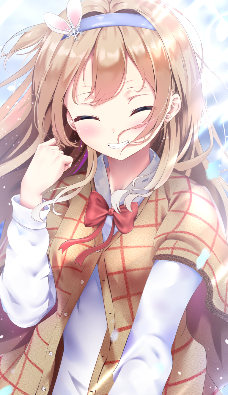 1girl, bangs, blue_eyes, blurry, blurry_background, bow, bowtie, breasts