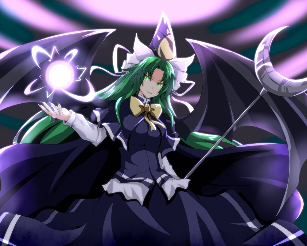 1girl, arm_up, bangs, black_background, blue_skirt, blue_vest, bow, bowtie