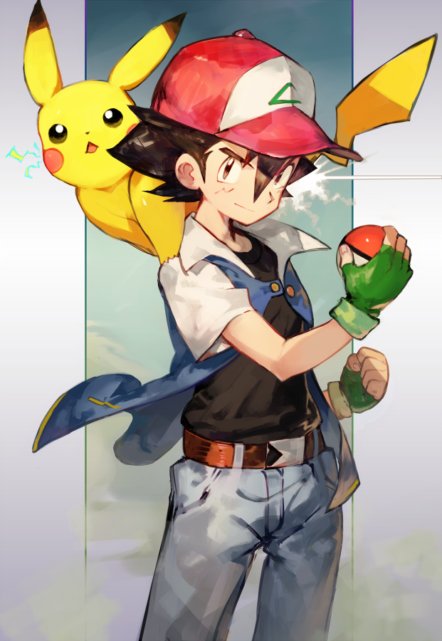 1boy, ash_ketchum, bangs, baseball_cap, belt, black_shirt, brown_eyes, clenched_hand