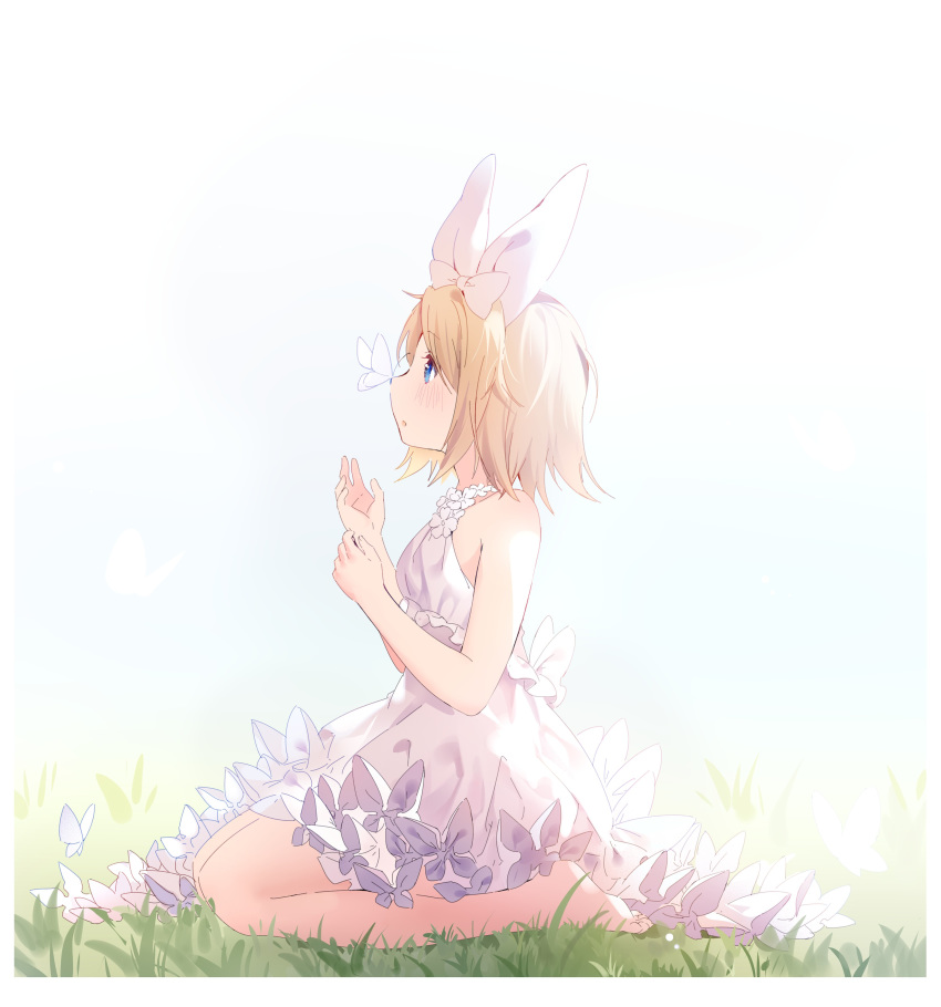 1girl, absurdres, barefoot, blonde_hair, blue_eyes, bow, bug, butterfly